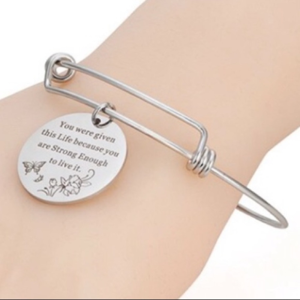 STRONG ENOUGH Bracelet Stainless Steel Silver Expanding Bangle NEW Inspirational